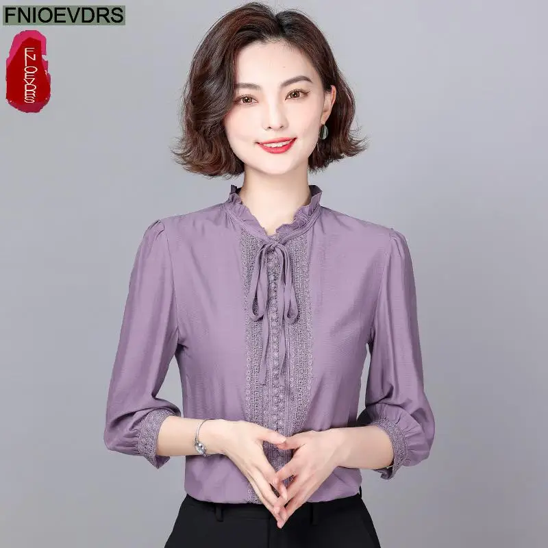 S-3XL 2023 Femmes Français Design À Manches sulfÉlégant Bureau Dame Travail Chemise En Dentelle Casual Mince Violet Noeud aught Rufles Y-Blouses