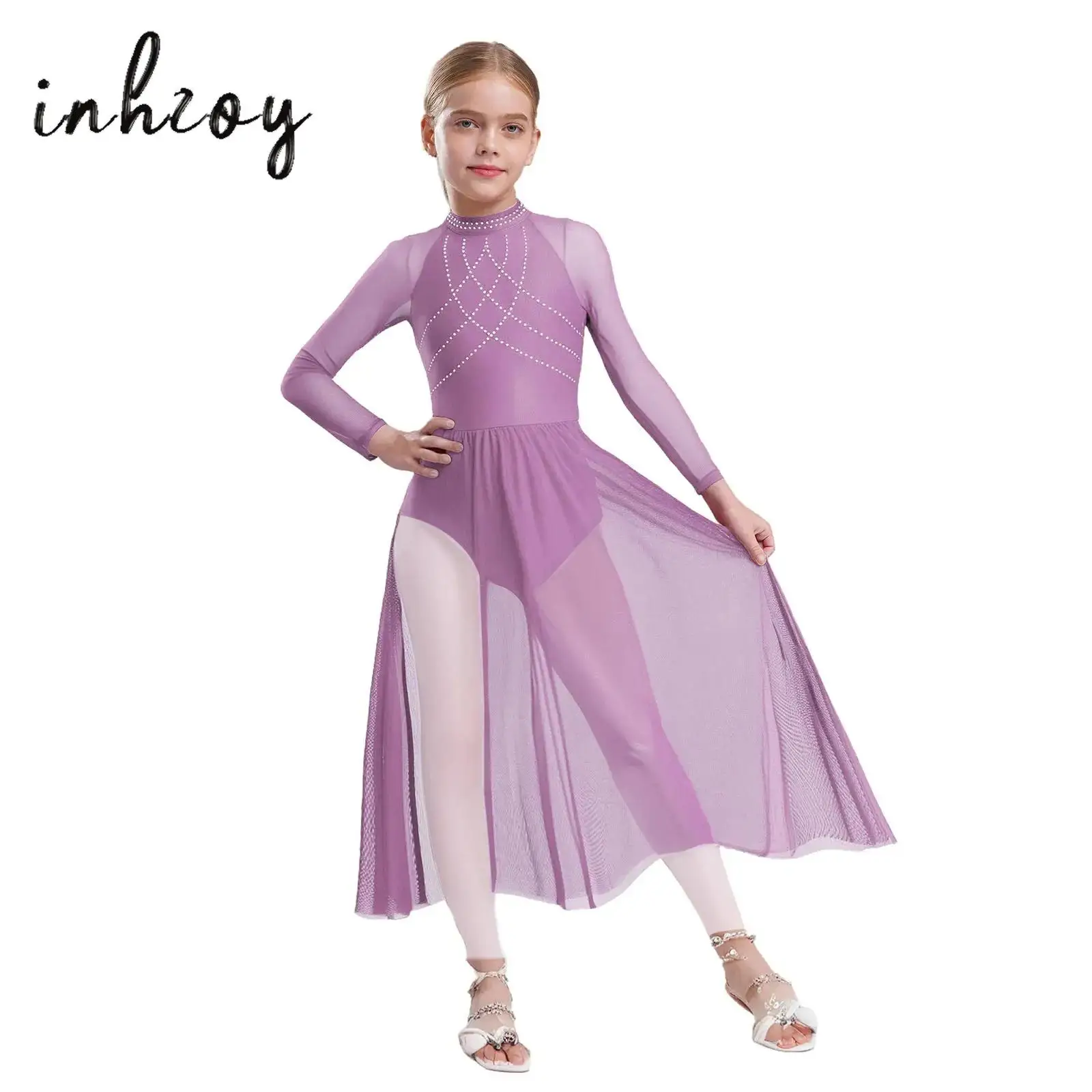 

Kids Girls Lyrical Dance Dress Ballet Costume Shiny Rhinestones Sheer Mesh Patchwork Flowy Split Long Sleeve Leotard Dresses