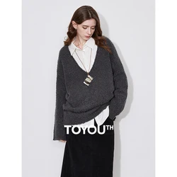 TOYOUTH Women Sweater 2024 Autumn Winter New V Neck Long Sleeve Lazy Style knitted Woolen Pullover Tops