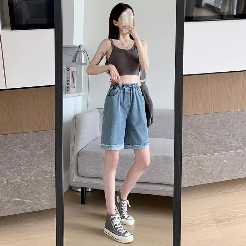 Women Elastic Waist Pockets Basic Solid Blue Denim Shorts Bandage Wide Casual Pants Cropped Jeans 2025 Trousers Ladies