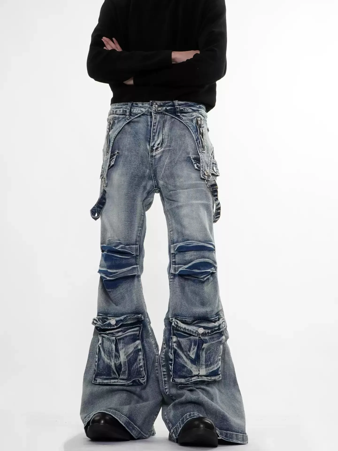 

Американские джинсы-клеш в стиле панк, унисекс, широкие, полной длины, модные брюки-карго высокого качества