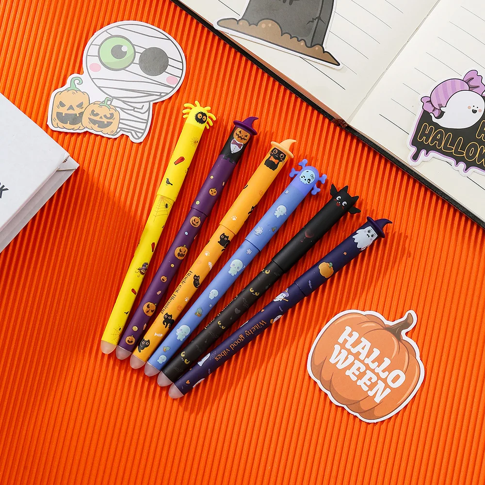 1-6 Stück Halloween löschbare Gelstifte, 0,7 mm Klick-Druckstift-Set, niedliche Geister-, Kürbis- und Fledermaus-Motive, Schreibgeschenk für Schüler, Schule und Büro – Detail 2