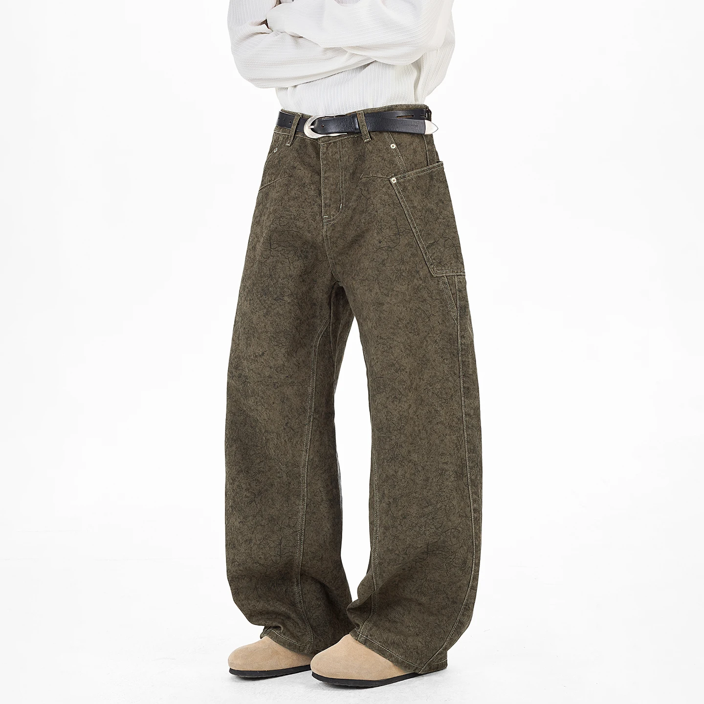 Vintage Washed Cotton Scimitar Jeans Men Streetwear Hip Hop Loose Casual Wide Leg Denim Baggy Jeans Pants Trousers