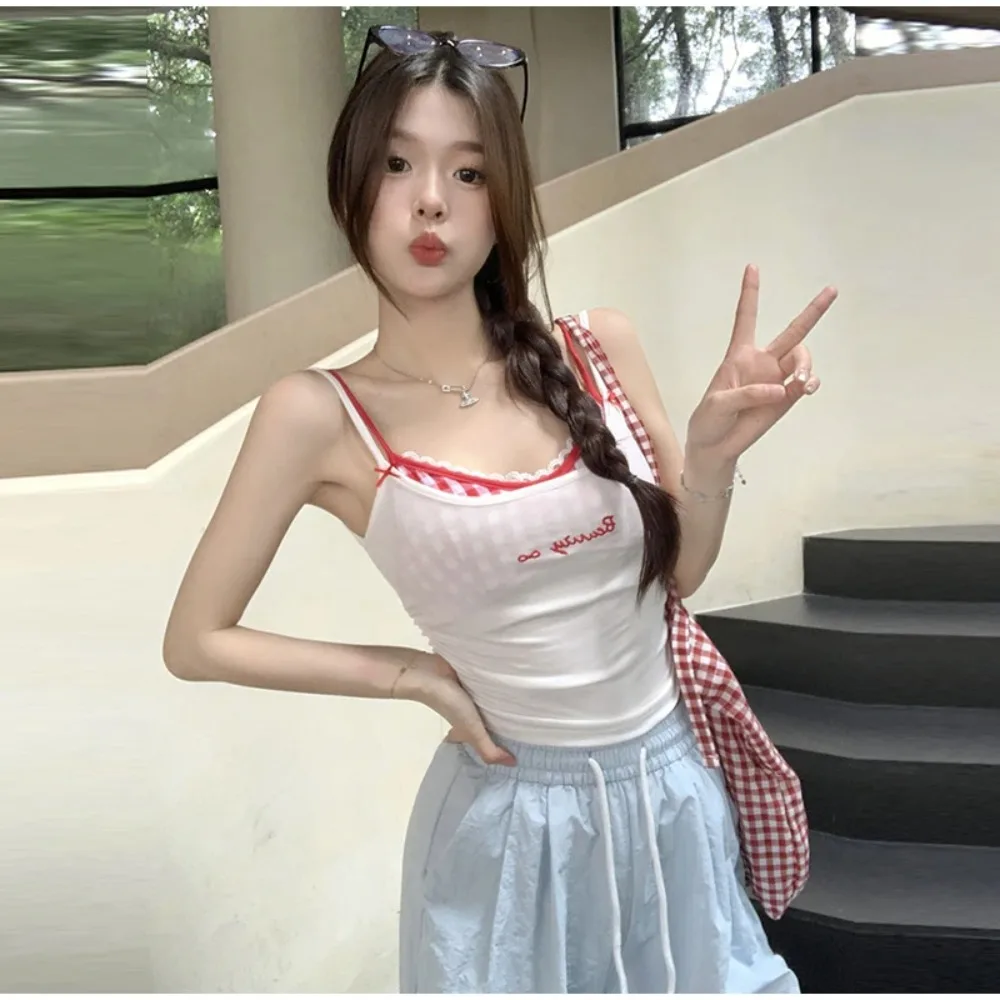 Spicy Plaid Pad Camisole Tank Top Lace Trim Cotton Women's Tank Top Belted Backless Sleeveless Camisole Summer