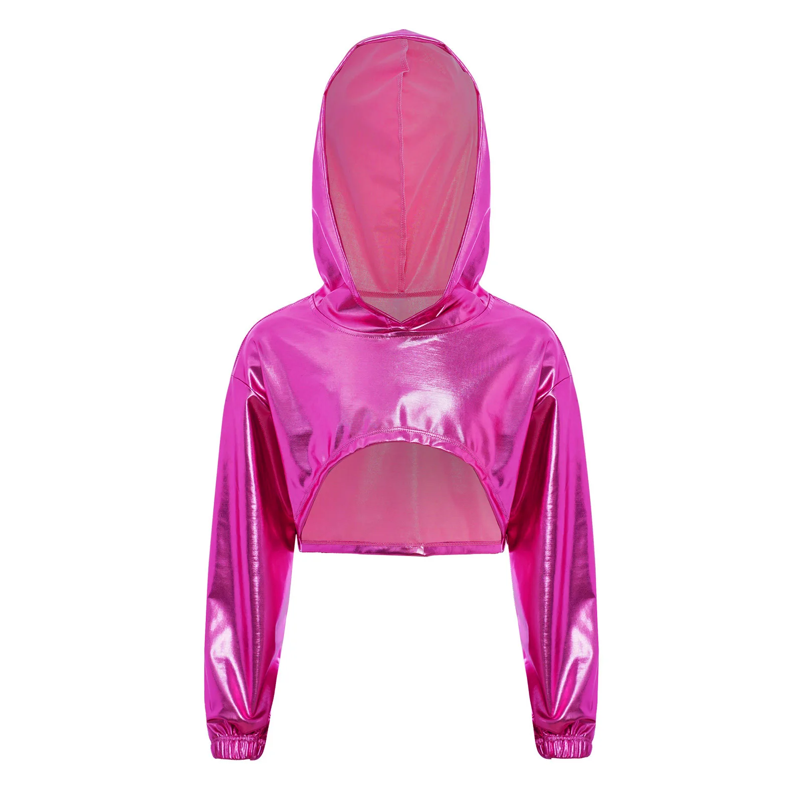 Kids Girls Hoodie Hip-Hop Jazz Dance Performance Costume Metallic Long Sleeve Asymmetrical Hem Cropped Hooded Top Streetwear