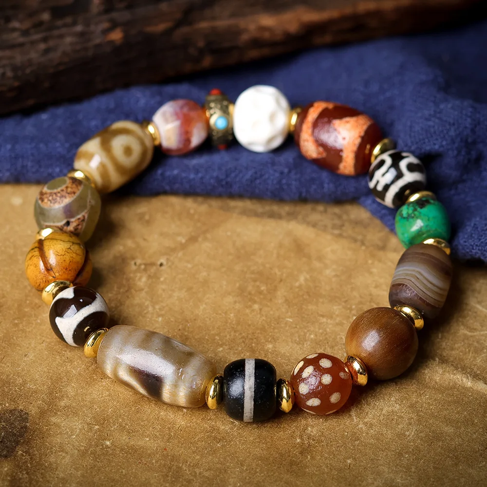 Antique Tibetan Bead Deer Antler Yak Bone Single-Strand Bead Twisted Agate Multi-Gem Bracelet Ethnic Style Bracelet