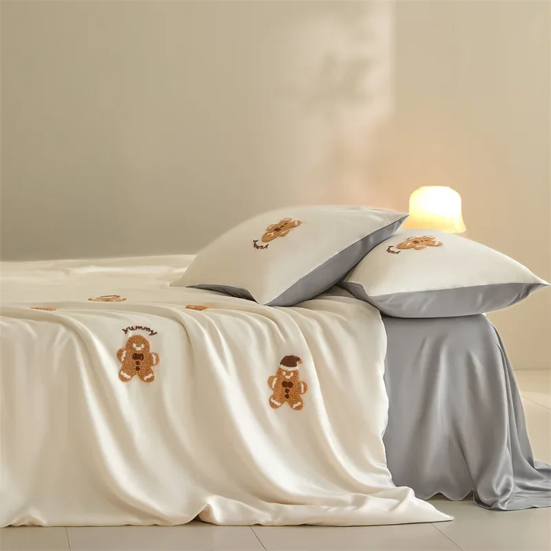 Summer Cool Washed Ice Silky Bedding Teddy Bear Embroidered Jacquard Duvet Cover Ultra Soft Skin Friendly Bedding for Home Dorm