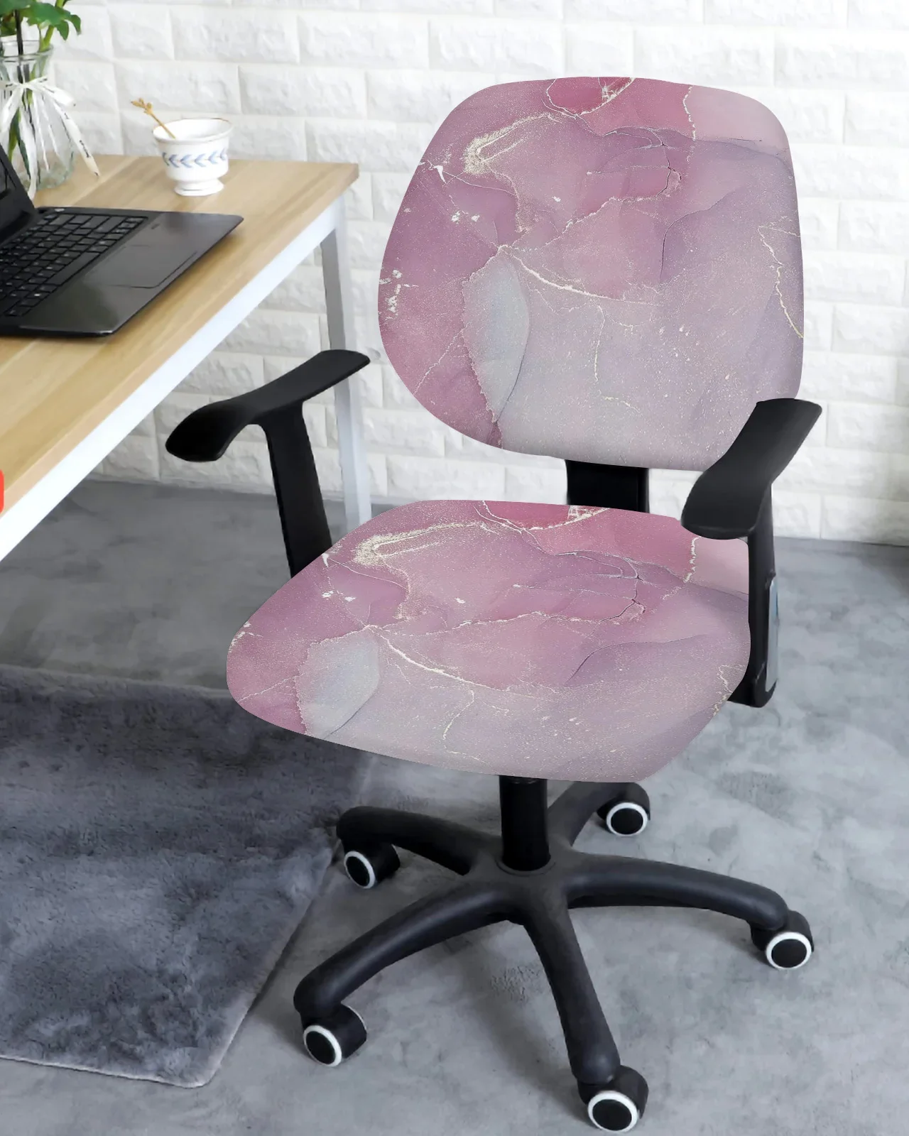 Marble Texture Pink Elastic Armchair Computer Chair Cover Stretch Removable Office Chair Slipcover Living Room Split Seat Covers