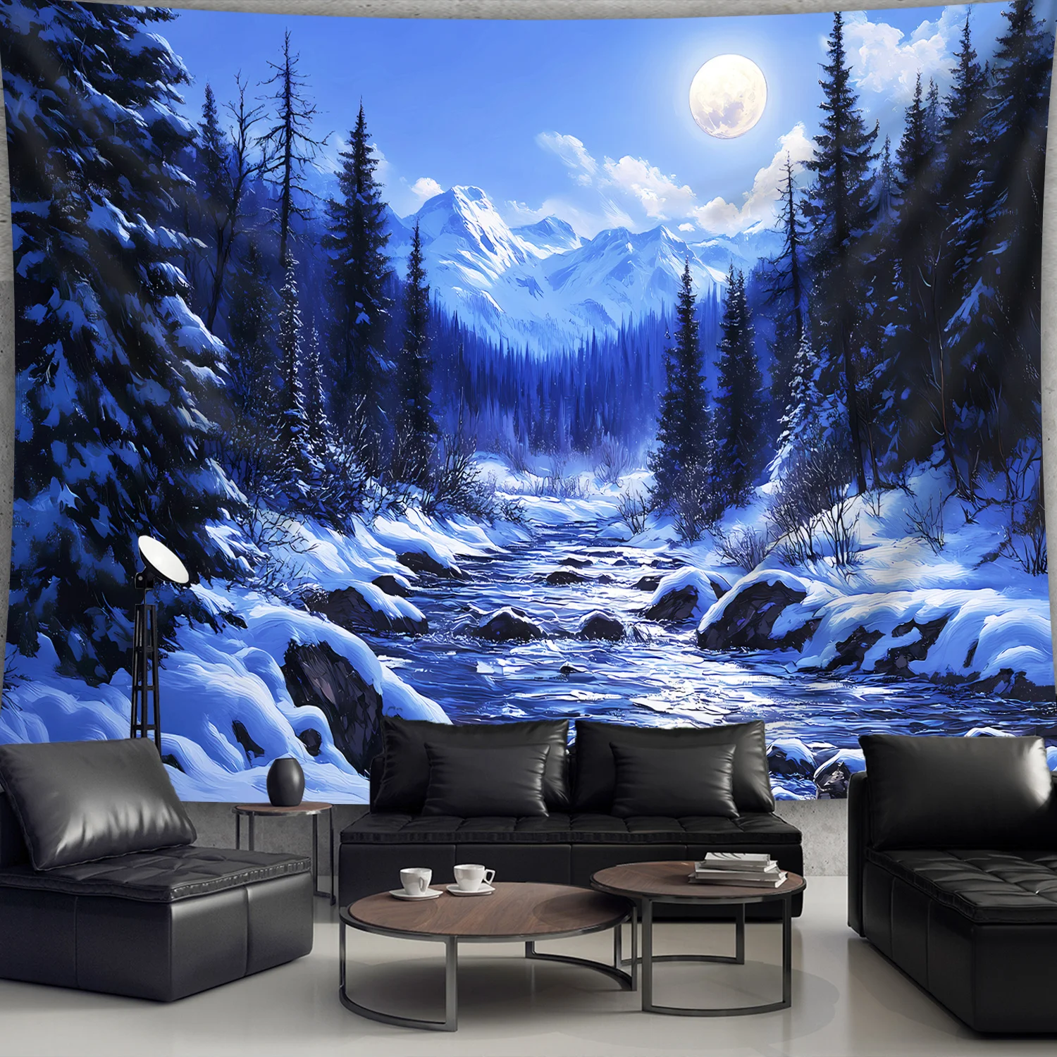 Winter Forest With Snowy Mountains Moon And River Wall Tapestry Art Decor For Boho Living Room Nature Home Interior