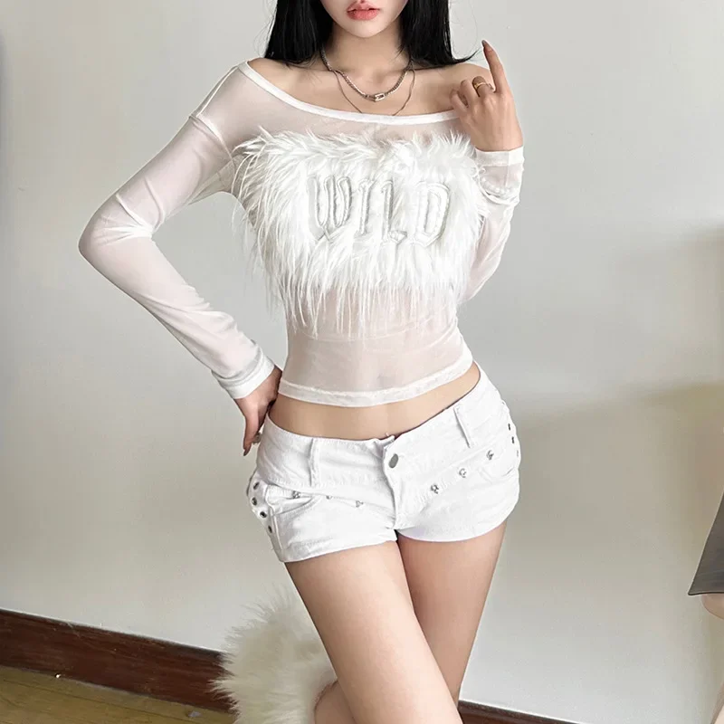 E-girl Mode Mesh Transparent Slash Neck Crop Tops Fairycore Feder Frauen Schlank Sheer Tops Cyber Y2K Straße T Shirts