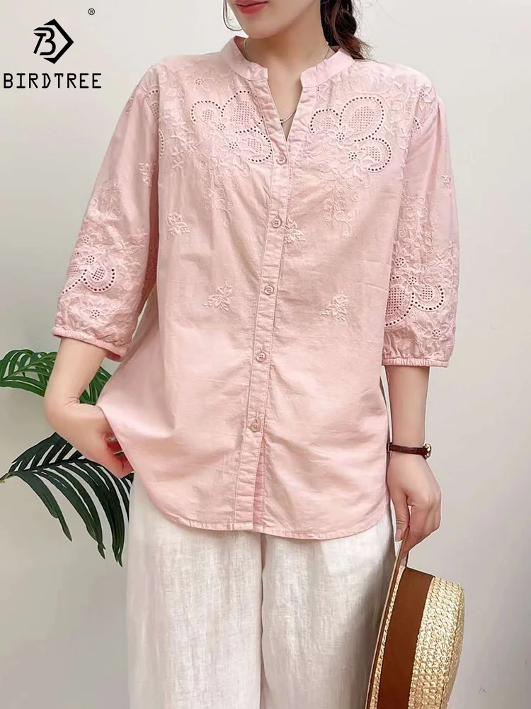 New Spring Cotton Loose Fashion Shirt Women Embroidery 3/4 Sleeve V Neck Tops Girl Sweet Casual Blouses 2024 Summer T44618QM