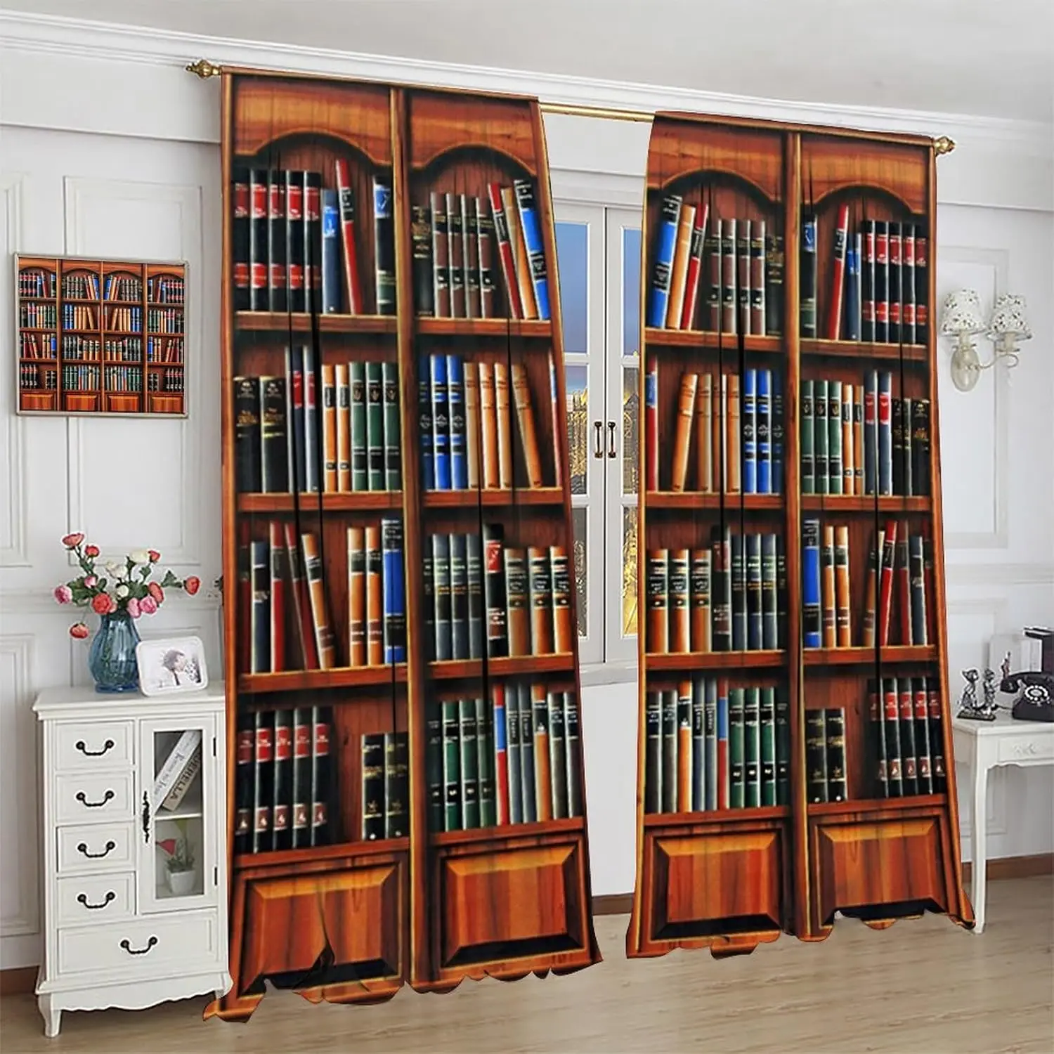 Retro Bookcase Curtains,Vintage Library Books Art Pattern Drapes Window 2 Panel Rod Pocket Curtain for Bedroom Living Room Decor