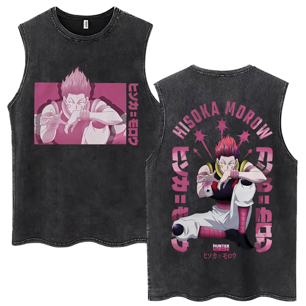 Camiseta sin mangas lavada con estampado Hisoka Morow Hunter X Hunter, diseño rosa delantero y trasero, gráfico de anime, unisex, holgada, estilo Harajuku
