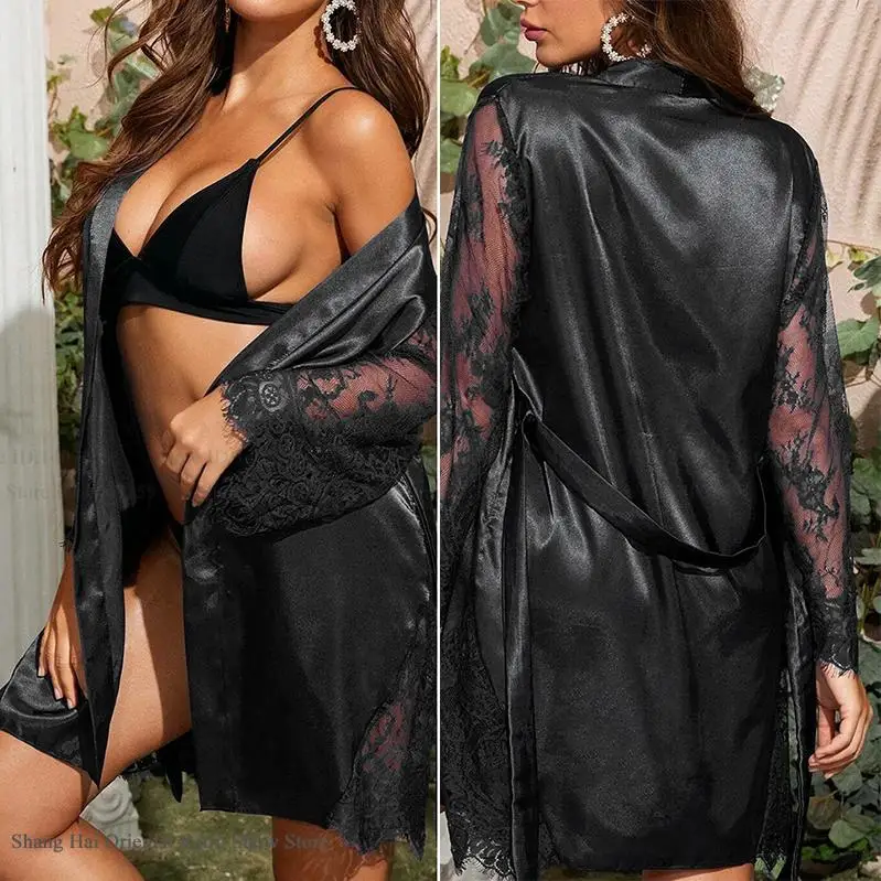 Female Robe Kimono Bathrobe Gown Summer Silk Satin Sleepwear Home Clothiong Sexy Perspective Lace Sleeves Loungewear Nightgown