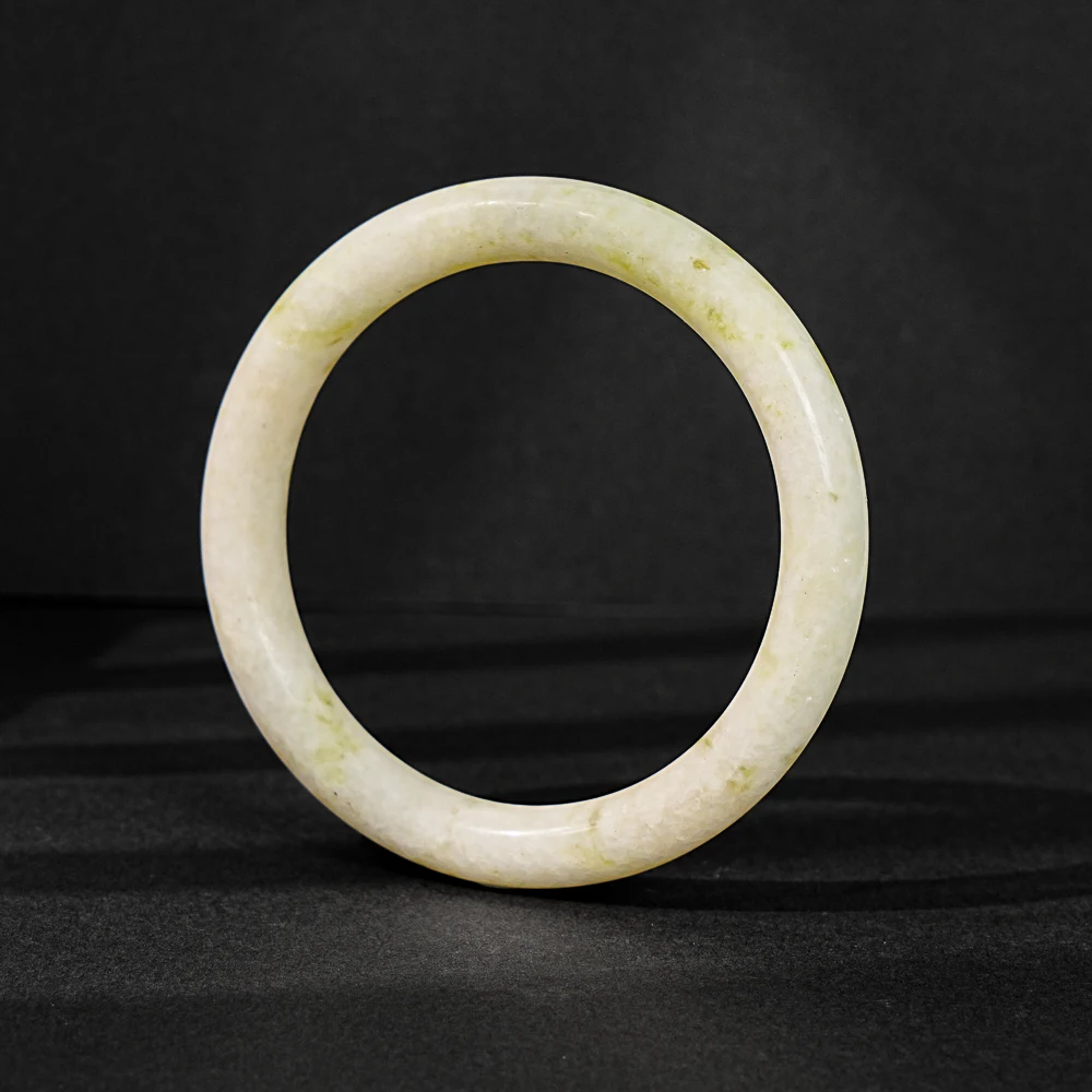 NATURAL LEMON QUARTZ BANGLE BRACELET 59MM AAA GRADE ROUND SMOOTH POLISHED GEMSTONE WITH CREAMY WHITE BASE GREEN MARKINGS