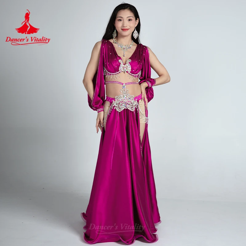 Belly Dancer เครื่องแต่งกายประสิทธิภาพอาวุโส AB หิน Bra + พู่ซาตินกระโปรงยาว 2pcs ผู้หญิง Oriental เต้นรําการแข่งขันเสื้อผ้า