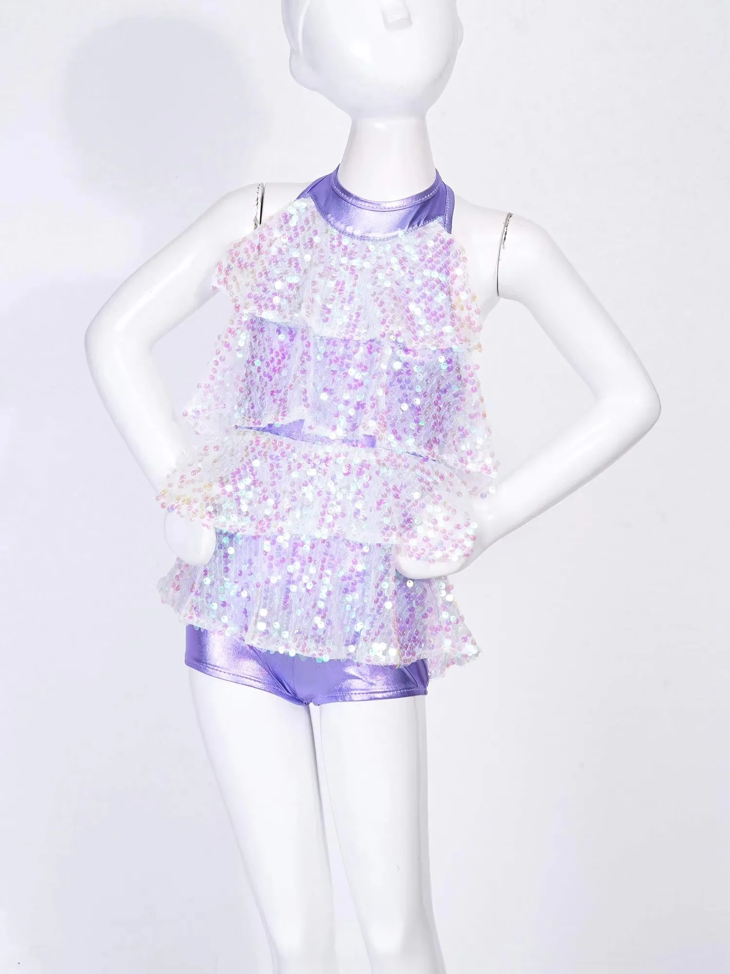 Kids Jazz Latin Dress Halter Shiny Sequins Ballet Dance Shorty Unitard Dress Teen Girls Modern Salsa Samba Rumba Dance Costumes