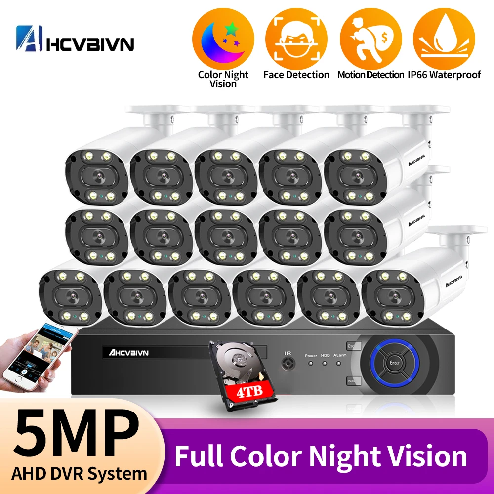 H.265 5MP 16CH AHD DVR Ourdoor Colorful Night Motion Detection Security System Set 5Mp CCTV Video Surveillance Camera Kit XMeye