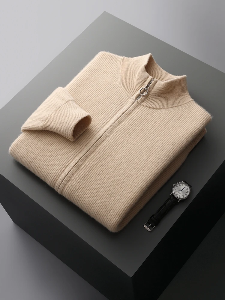 ADDONEE Autumn Winter Men Zipper Cardigan Mock Neck Thick Cashmere Sweater 100% Merino Wool Knitwear Smart Casual Sweater Coat