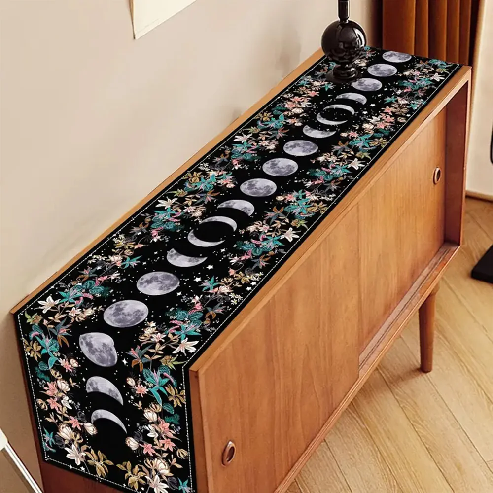 Boho Floral Moon Phases Table Runner Colorful Flowers & Plants Home Decoration Polyester Print Decor For Dining & Kitchen Table