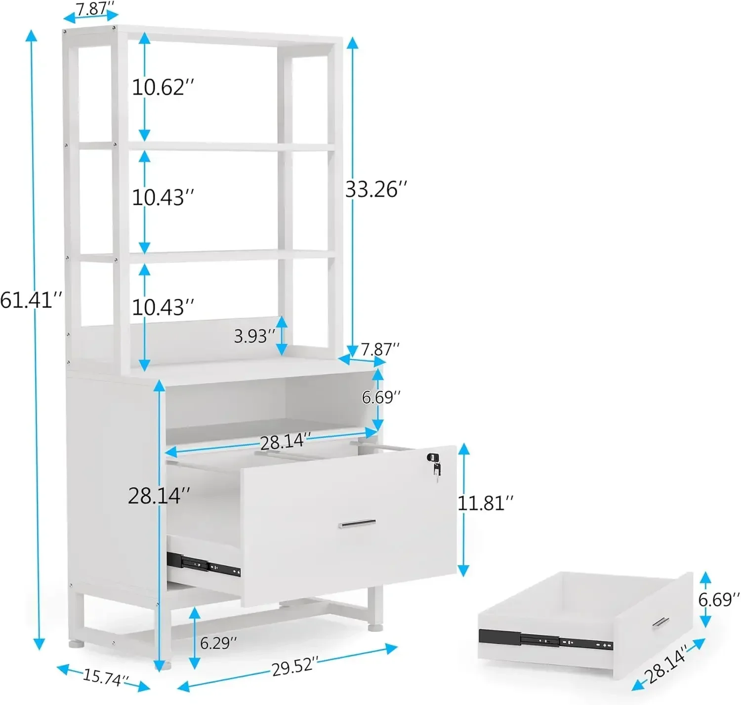 Vertical Two Drawer Filing Cabinet With Lock Bookshelf Letter Size Large Storage Printer Stand For Home Office White