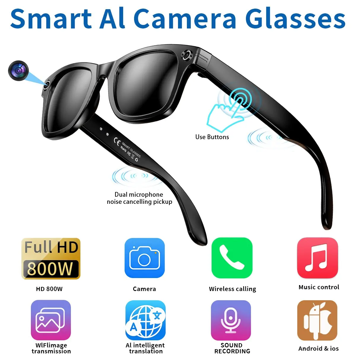 

New AI Glasses Men Chat IP65 Waterproof Voice Assistant AI Transmission 800W Camera Bluetooth Call Smart Glasses Sunglasses 2025