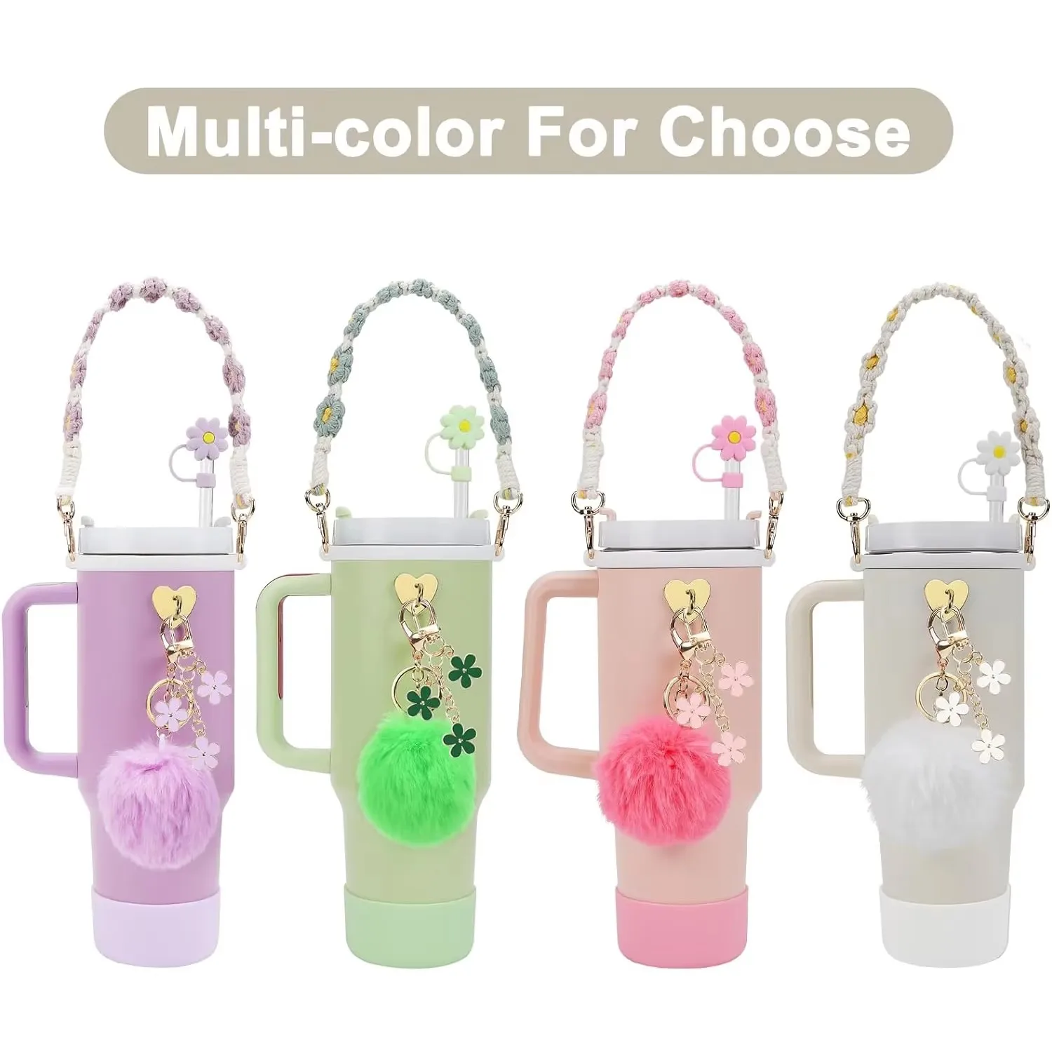 7Pcs Accessory Set Includes For Stanley Cup 1 Water Bottle Handle Strap, 1 Cup Cover, 1 Fixed Cup Cover, 1Straw Cover, 3 Charms image 6