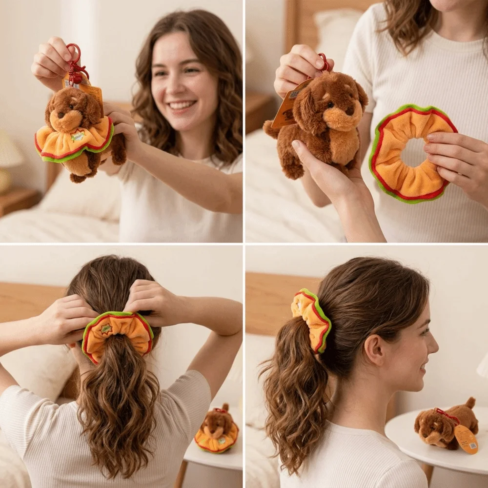 Multi-functional Plush Keychain Elastic Hair Tie Sturdy Metal Key Ring Stuffed Puppy Bag Pendant Compact Lightweight