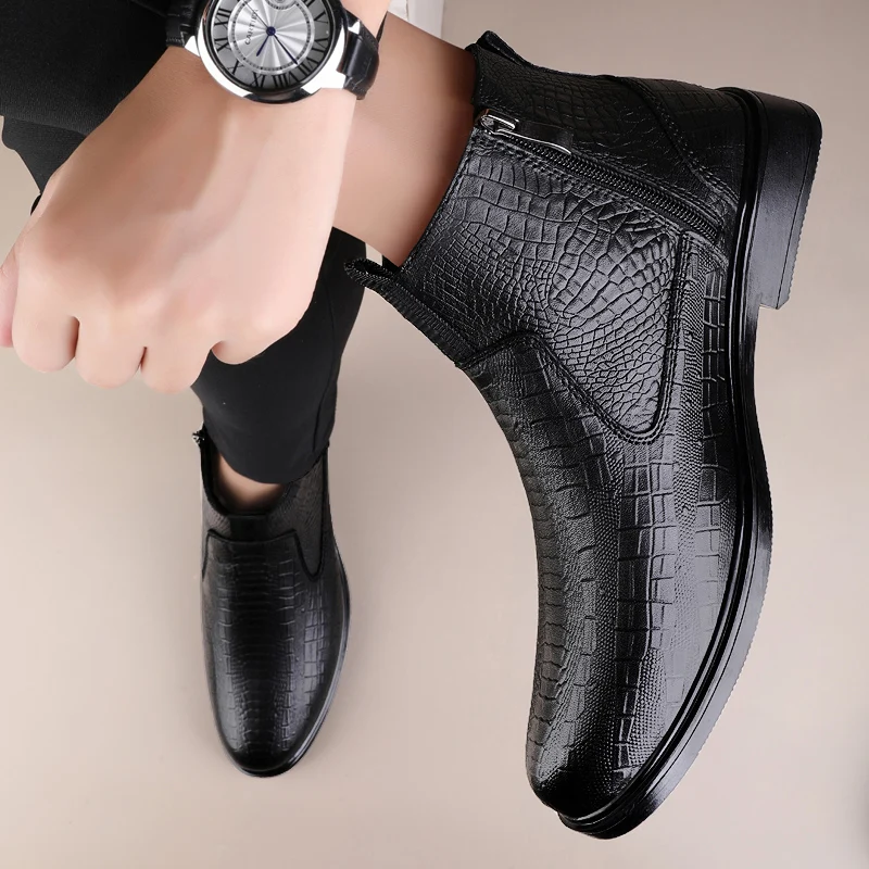 Autumn/Winter New Style Classic Black Zipper Men Ankle Boots Business Boots Crocodile Pattern Comfortable Inner Men Mid Top Boot