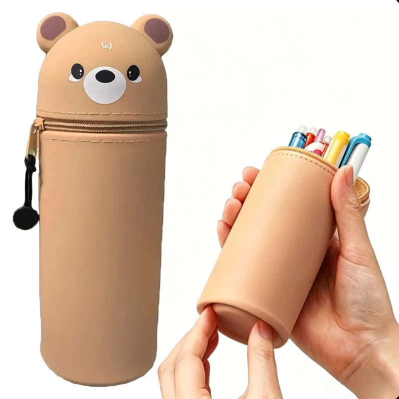 2-in-1 Erweiterbares Silikon-Federmäppchen & Schreibtisch-Organizer, Niedliches Katzendesign für Schule Büro Zuhause, Weiche Langlebige Schreibwaren-Aufbewahrung