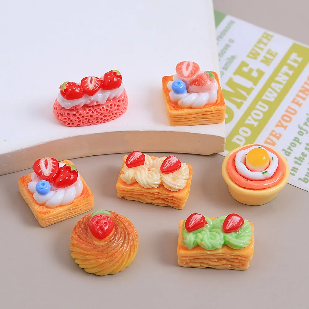 20pcs Resin Strawberry Cake Fake Food Flatback Cabochons Miniature Accessories Diy Mini Scrapbook Craft Material  Charms