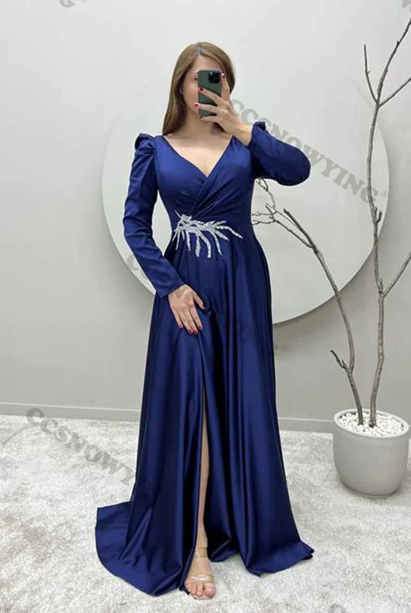 

Satin Appliques with Slit Prom Dresses Evening Gowns Long Sleeve V Neck Formal Party Dress Arabic Dubai Women Robe De Soiree