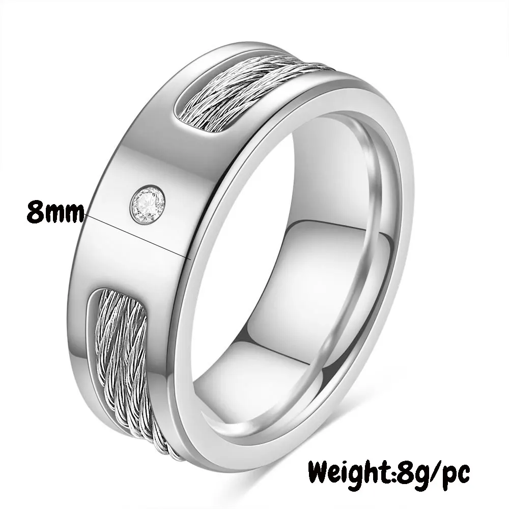 Nowy pierścionek ze stali nierdzewnej 8 mm dla mężczyzn Kobiety Cyrkon Studded Cable Steel Wire Smooth Rings Biżuteria Prezent ślubny Akcesoria — zdjęcie 3