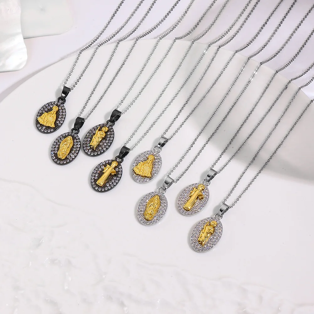 

3 Oval Copper Plated Two-Tone Virgin Mary Necklace Pendant Personality Men's and Women's Daily Party Gift Accessories