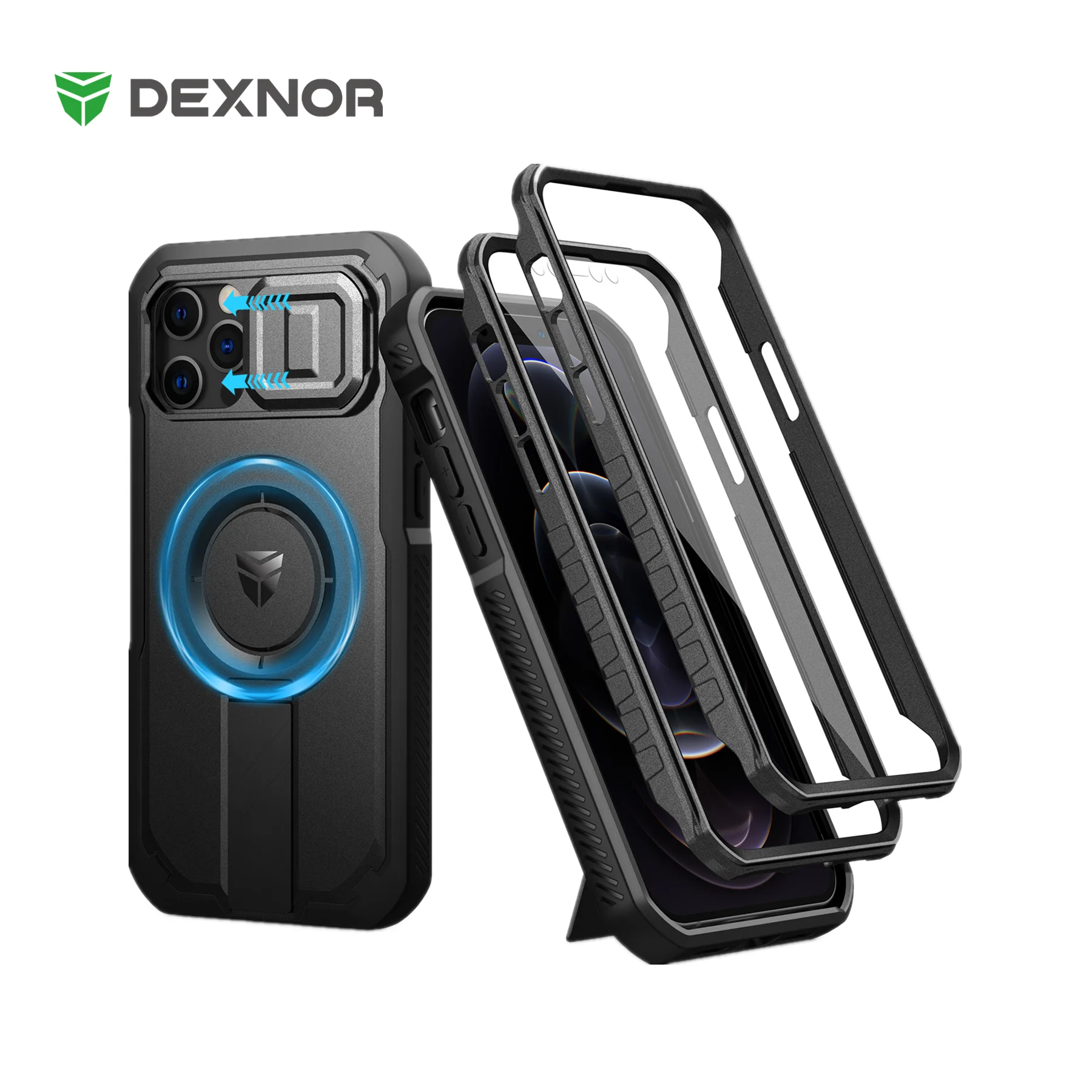 Dexnor For iPhone 12/12 Pro (6.1 inches) Case Full Body Rugged Case with Camera Cover & Built-in Screen Protector Kickstand Case