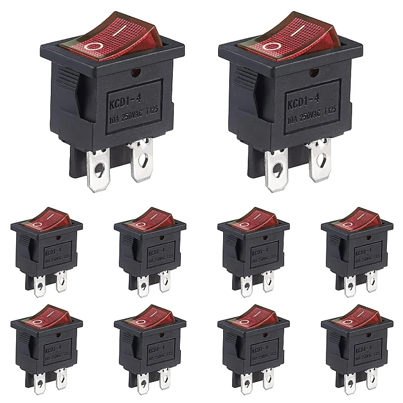 Toggle Switch 4Pin Switch Rocker Switch On/Off 10A 250VAC Built-in Switch 4 Terminals Red Luminous Boat Rectangle (Pack of 10)