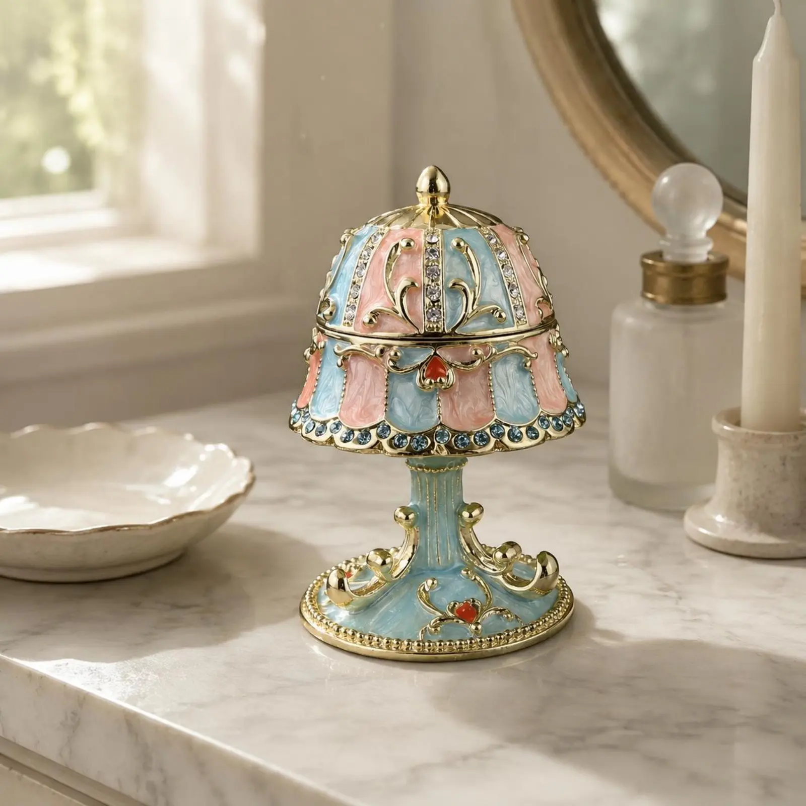

Table Lamp Jewelry Box Domed Shade Enamel Jewelry Box Decorative Accessory Blue and Pink Panels Decor Gold-Tone Trim