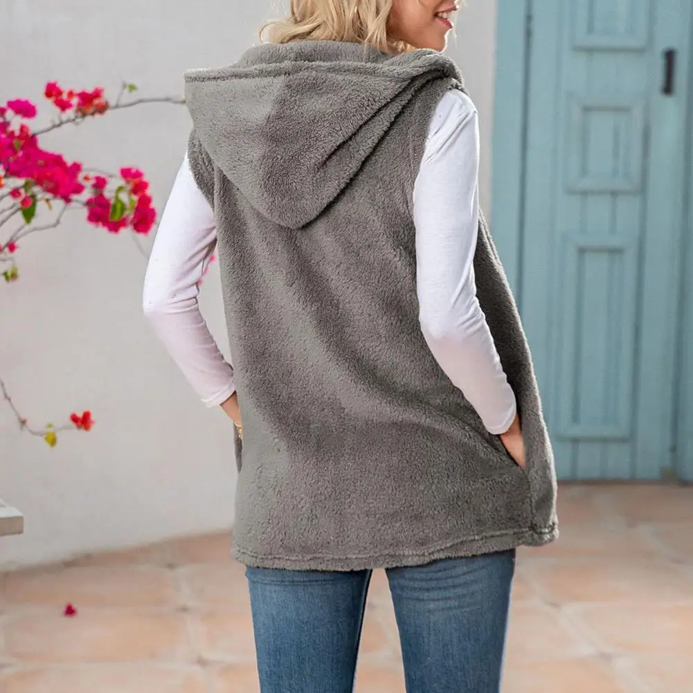 

Solid Color Waistcoat Stylish Women's Hooded Winter Vest Mid Length Cardigan Faux Fur Waistcoat for Daily Wear Solid Color