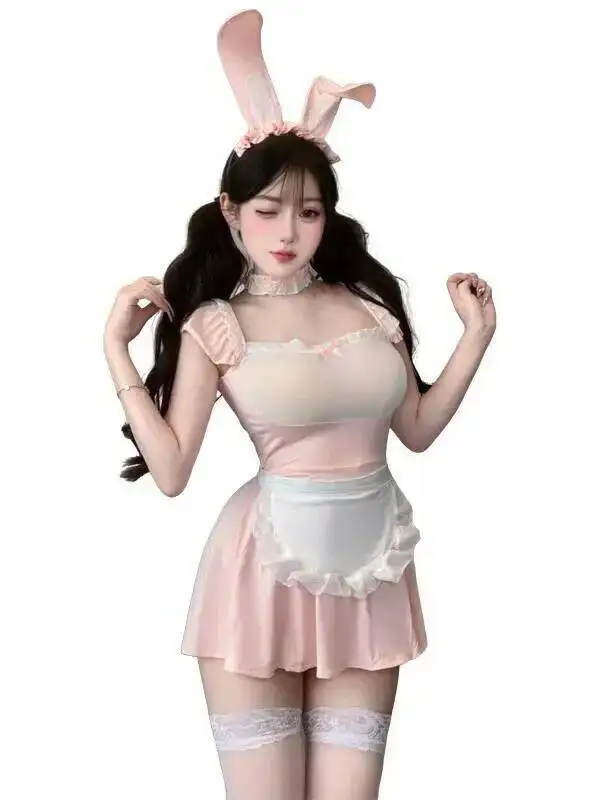 Sexy puro deseo estilo encaje transparente uniforme de sirvienta caliente chica conejito vestido elegante rosa dulce Mini vestido dulce Tops QPH8