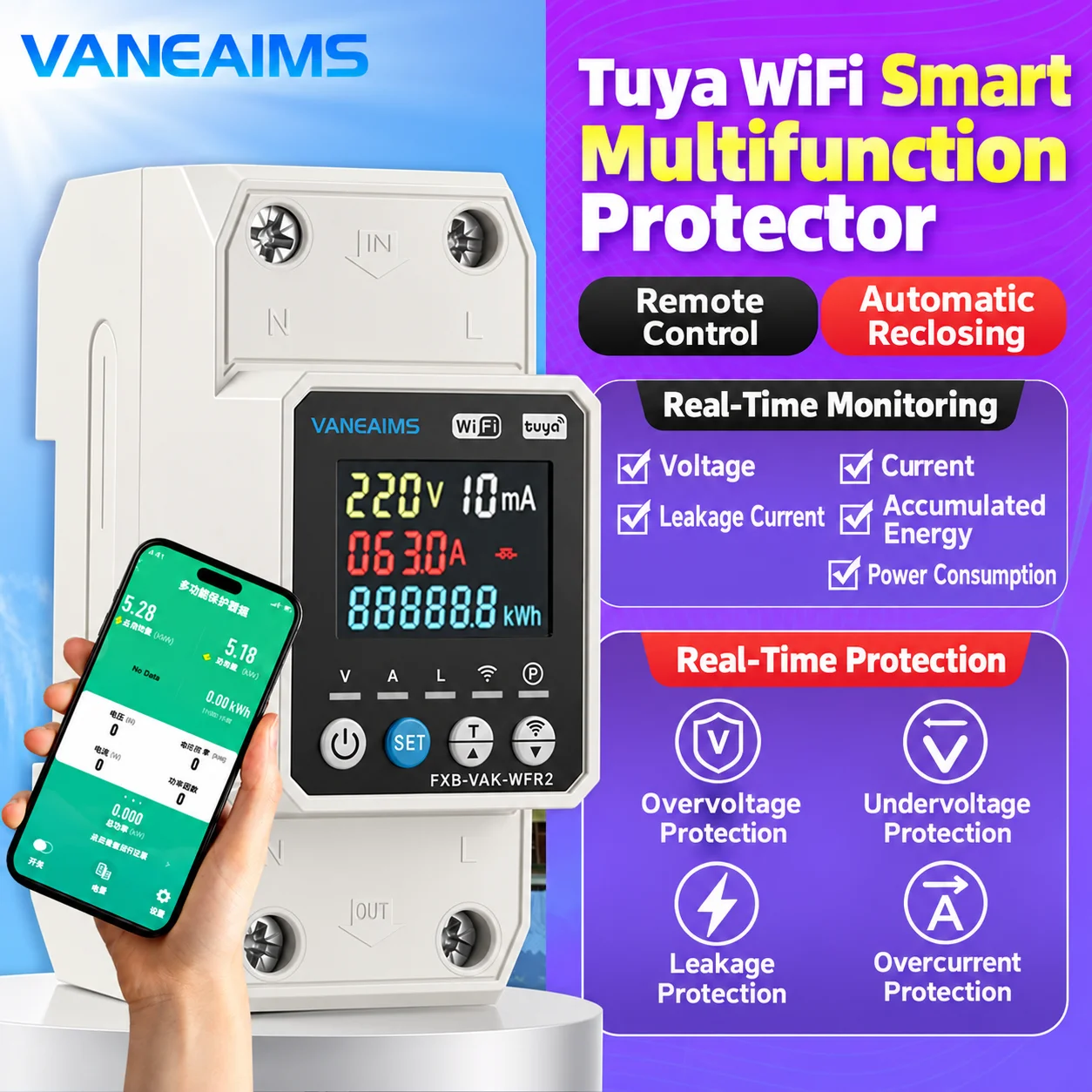 2P 63A Tuya WIFI Smart Life Switch with Over/Under Voltage Current Leakage Protection kWh Metering Circuit Breaker Timer