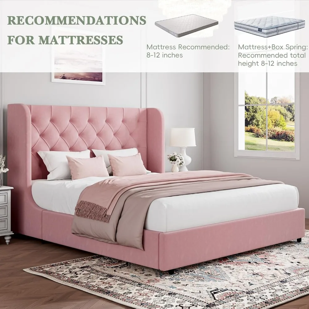 إطار سرير كوين وردي من HOMBCK، إطار سرير بمنصة منجدة مع لوح رأسي مخملي معنقدة، تصميم منحني من الخلف، شرائح خشبية،