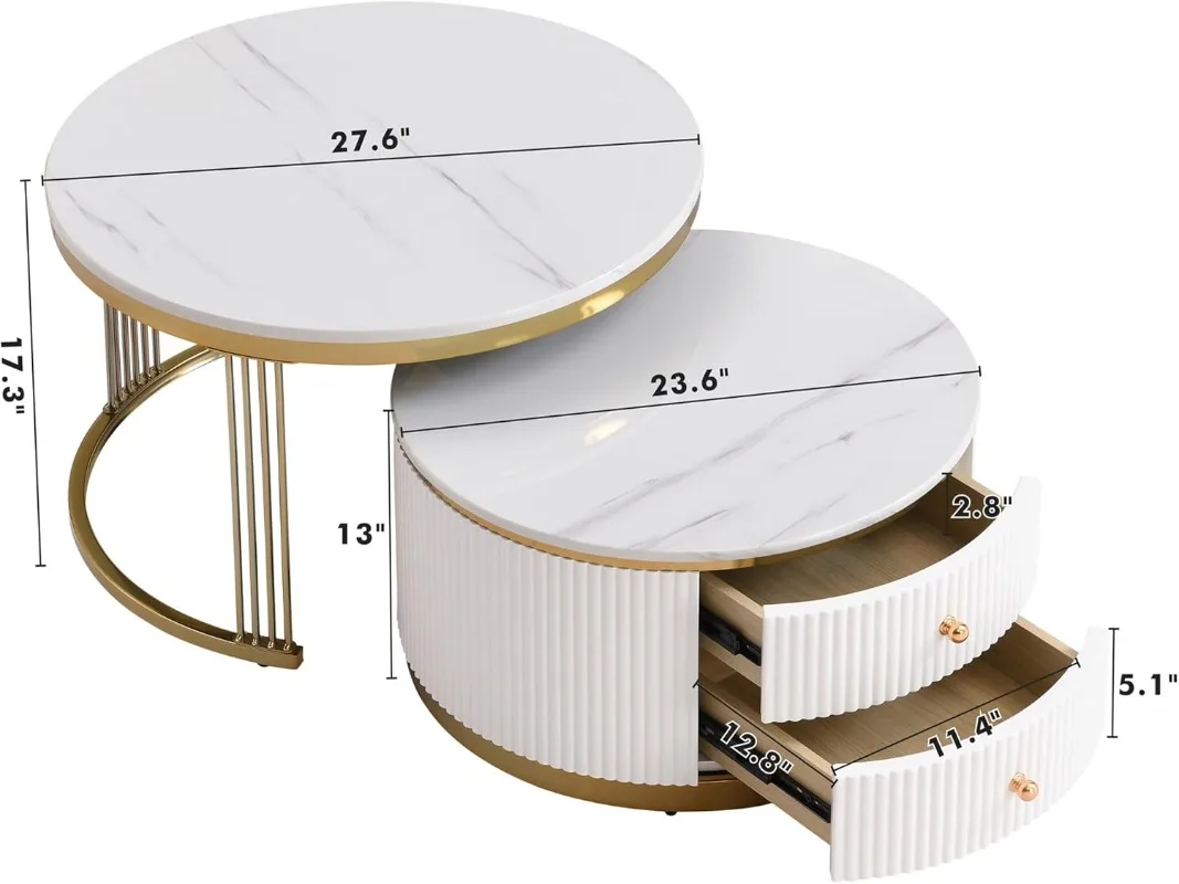 Modern 2 Pieces White Round Nesting Coffee Table with Drawers in 27.6''