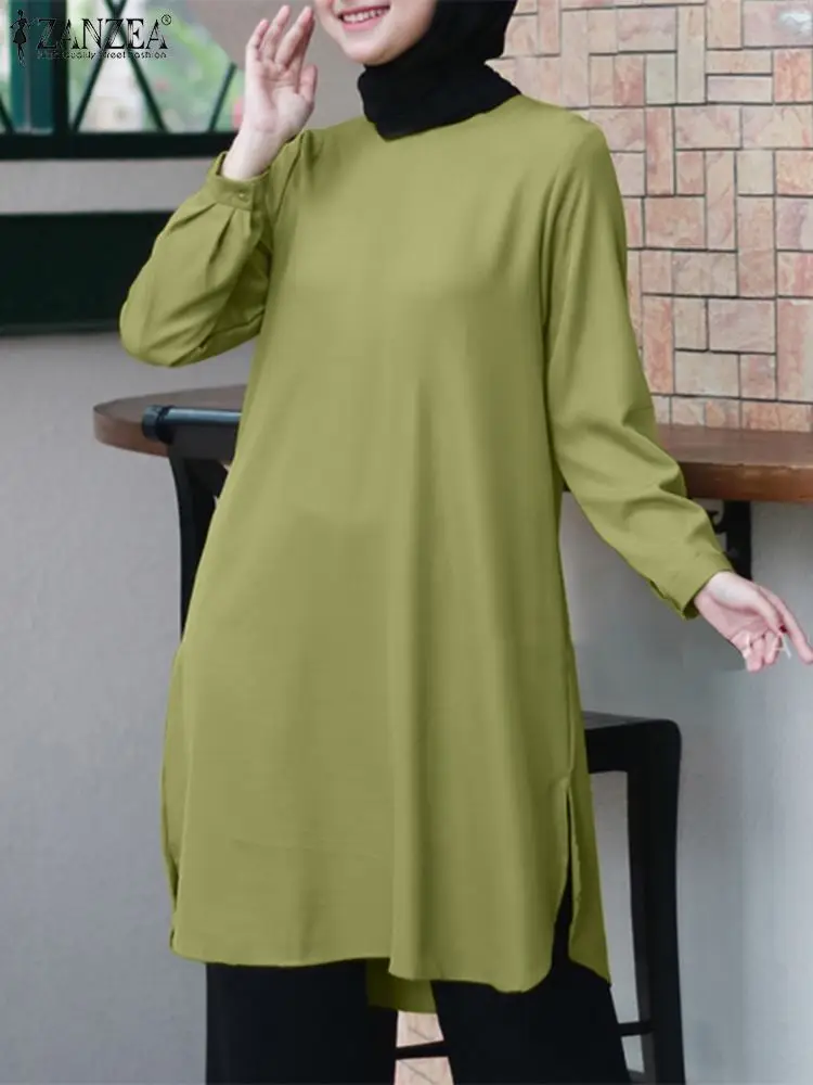 ZANZEA Ramadan Abaya Muslim Women Blouse Long Sleeve Hijab Blusas Casual Solid Long Tops Femme Work Shirt Mujer Isamic Clothing