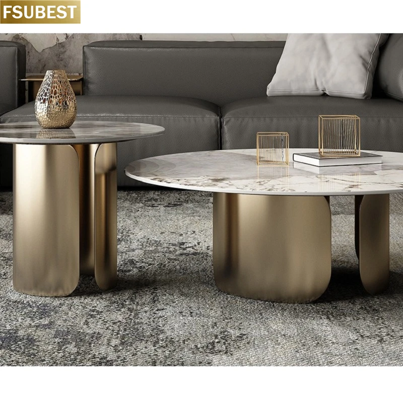 Round Gold Staonless Modern Contemporary Living Room Marble Nesting Tea Center Coffee Tables Set Of 2  mesas