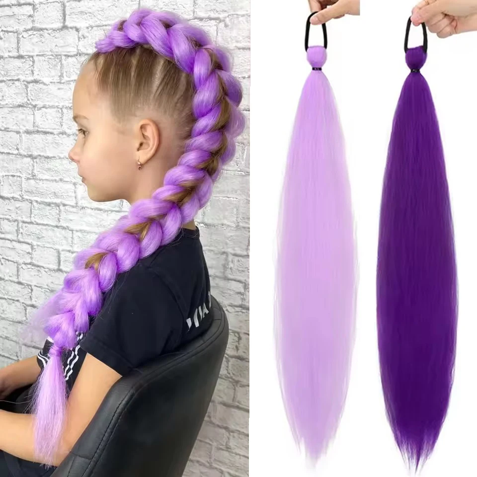 Synthetic 26Inch Long Straight Ponytail Purple DIY Braided Ponytail With Rubber Band Halloween Hair Accessories For Woman