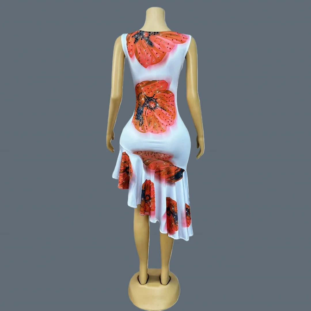 فستان نسائي أنيق مكشكش فستان كبير مطبوع عليه زهور حمراء فساتين غير متماثلة بأشرطة من حجر الراين في ملابس الحفلات الليلية Huakai #3