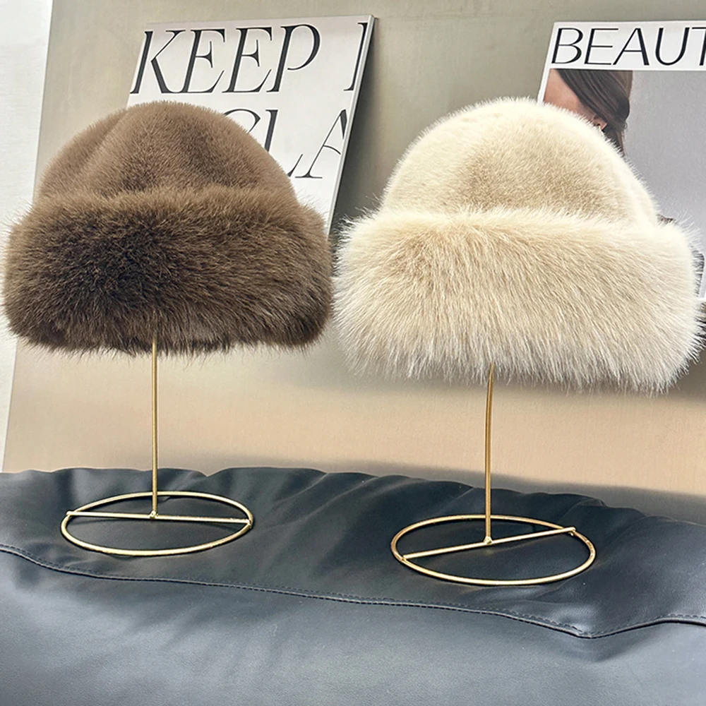 New Style Fake Fox mink Fur Hats Super Soft Women Winter Hat Cotton Lining Warm Russian Fashion Ski Beanies Plush Solid Color