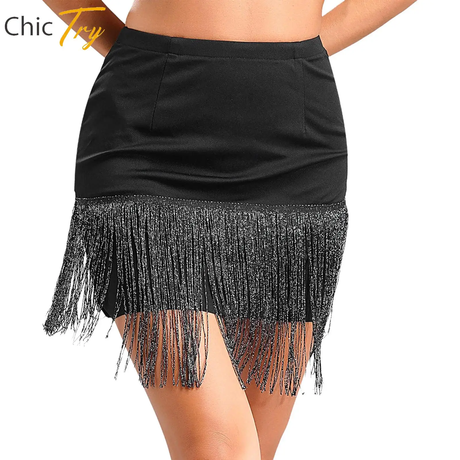 Womens Tassel Skirt Latin Dance Performance Costume High Waist Irregular Hem Fringe Skirt For Belly Dance Chacha Dancewear