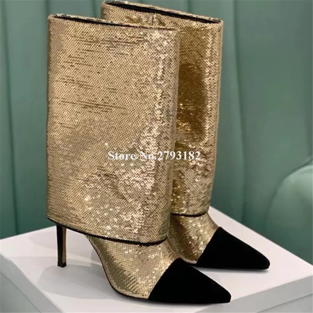 

Bling Bling Sequins Short Boots Sexp Pointed Toe Folded Style Gold Black Silver Stiletto Heel Mid-calf Boots Slip-on Party Heels