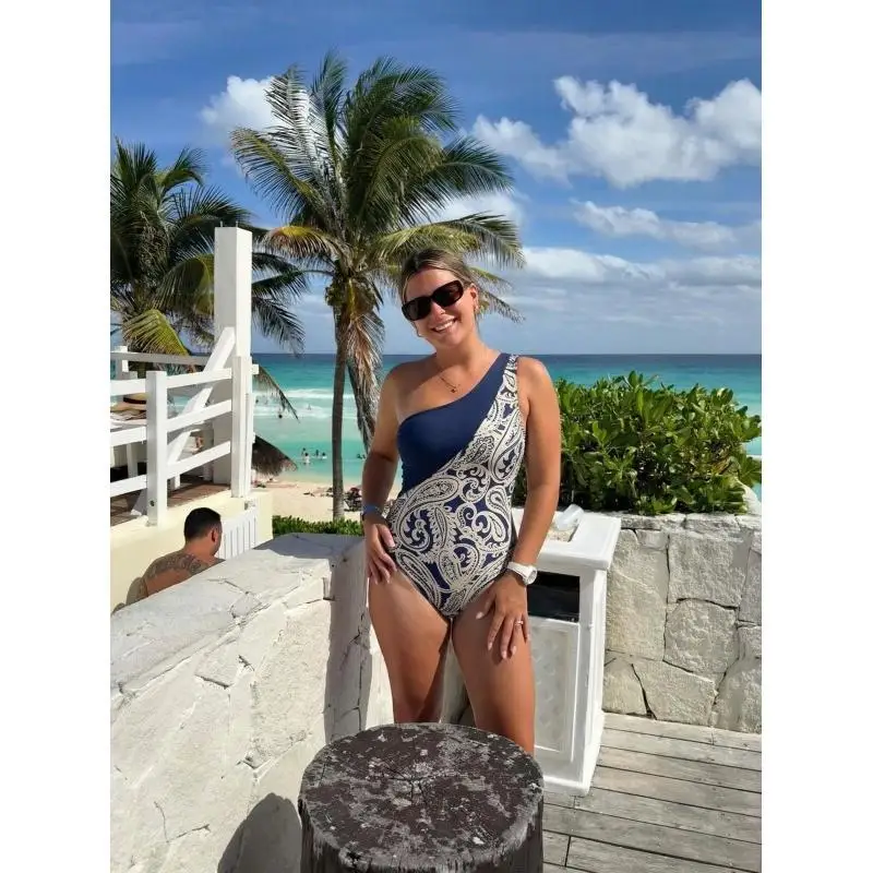 Summer Swimsuit and Skirt Flaxmaker Sexy One Shoulder Blue Color Block Paisley Print Swimsuit Sets Beachwear Biquini conjunto de